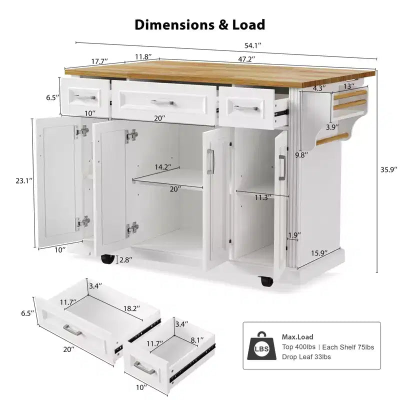 HomyCasa Îlot de cuisine roulant avec plateau en bois et armoires de rangement, blanc