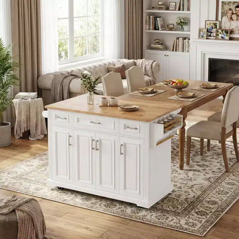 HomyCasa Îlot de cuisine roulant avec plateau en bois et armoires de rangement, blanc