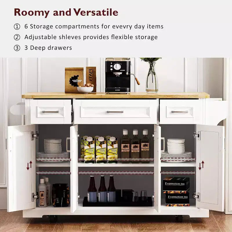 HomyCasa Îlot de cuisine roulant avec plateau en bois et armoires de rangement, blanc