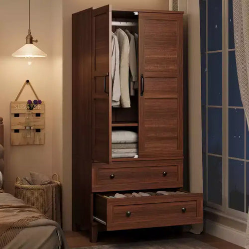 72 Wooden Armoire Wardrobe Closet with 2 Drawers, Hanging Rod, 18 Adjustable Shelves, and Doors for Bedroom Storage, Tall Clothing Cabinet