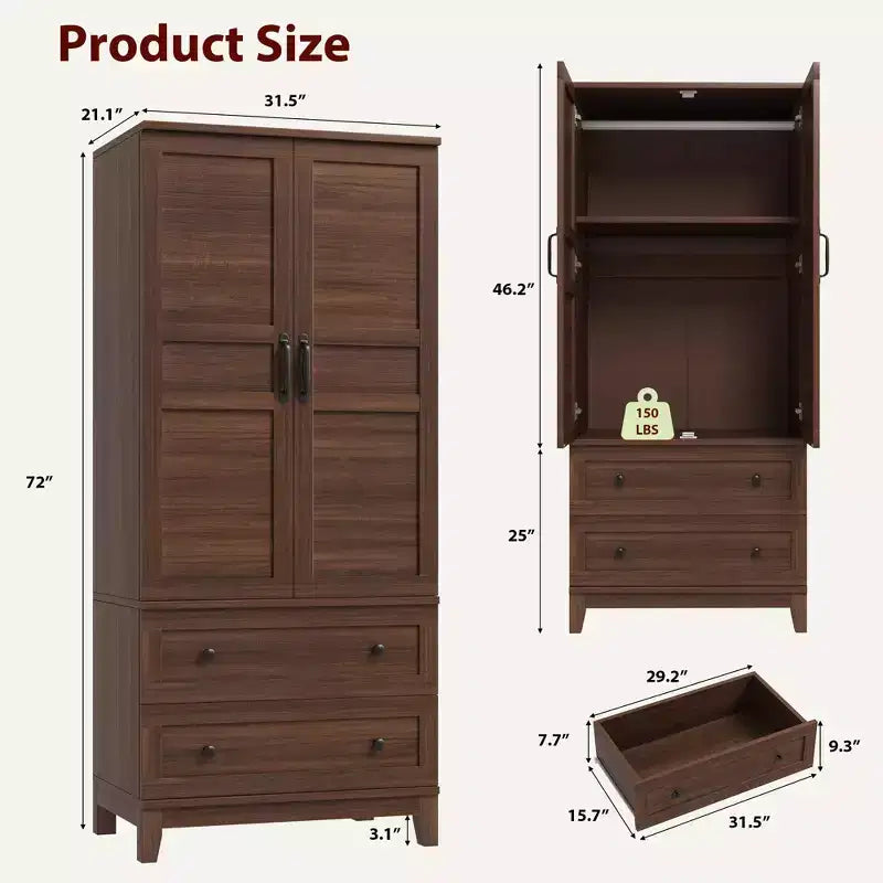 Armoire de rangement en bois de 183 cm avec 2 tiroirs, tringle à vêtements, 18 étagères réglables et portes pour chambre à coucher, grande armoire à vêtements