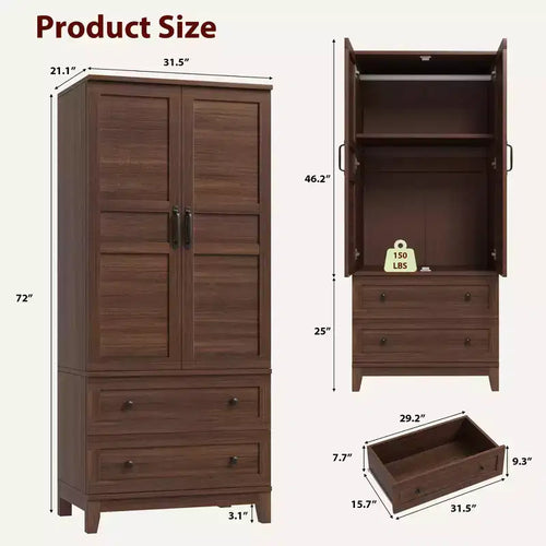 Armoire de rangement en bois de 183 cm avec 2 tiroirs, tringle à vêtements, 18 étagères réglables et portes pour chambre à coucher, grande armoire à vêtements