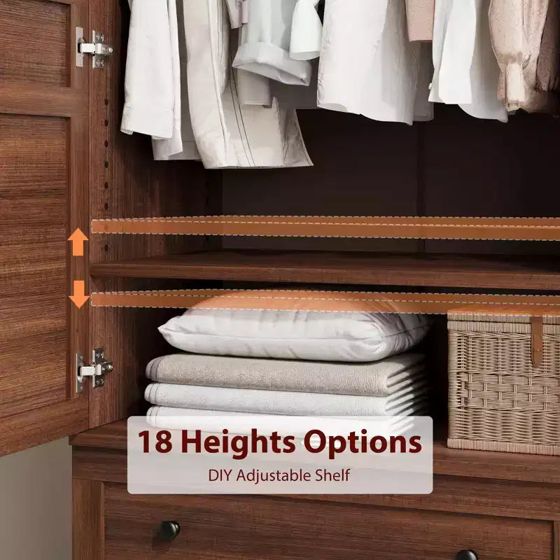 Armoire de rangement en bois de 183 cm avec 2 tiroirs, tringle à vêtements, 18 étagères réglables et portes pour chambre à coucher, grande armoire à vêtements