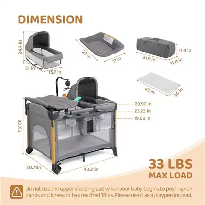 Karl Home Lit de bébé cododo 7 en 1 tout-en-un avec table à langer, gris