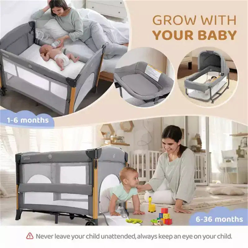 Karl Home Lit de bébé cododo 7 en 1 tout-en-un avec table à langer, gris