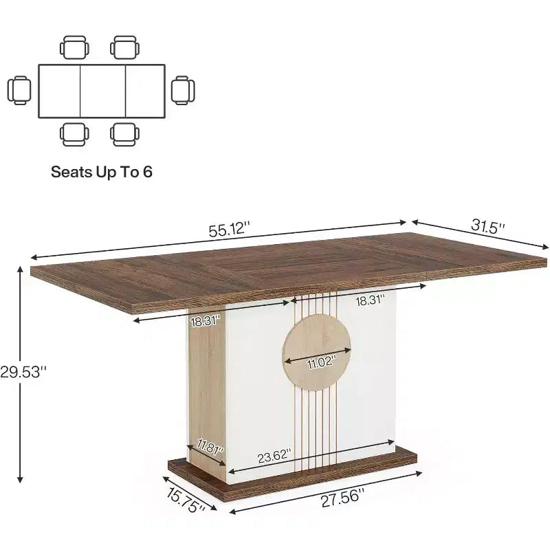 Table à manger rectangulaire Lantine 55 pour 4 à 6 personnes, table de ferme en bois pour cuisine, salle à manger et salon, brun chêne et blanc