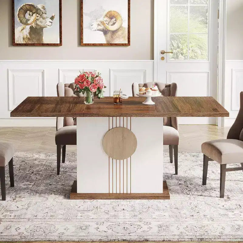 Table à manger rectangulaire Lantine 55 pour 4 à 6 personnes, table de ferme en bois pour cuisine, salle à manger et salon, brun chêne et blanc