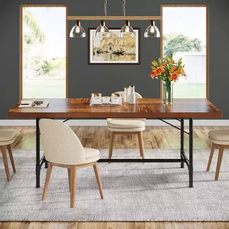 Table à manger rectangulaire Lantine de 180 cm avec plateau en bois et pieds en métal, peut accueillir 6 à 8 personnes, idéale pour la cuisine et le salon.