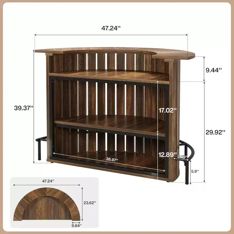 Table de bar Lantine à 4 niveaux, 100 cm de haut avec repose-pieds, en forme d'arc, armoire à vin moderne pour bar de maison, salon, marron rustique.