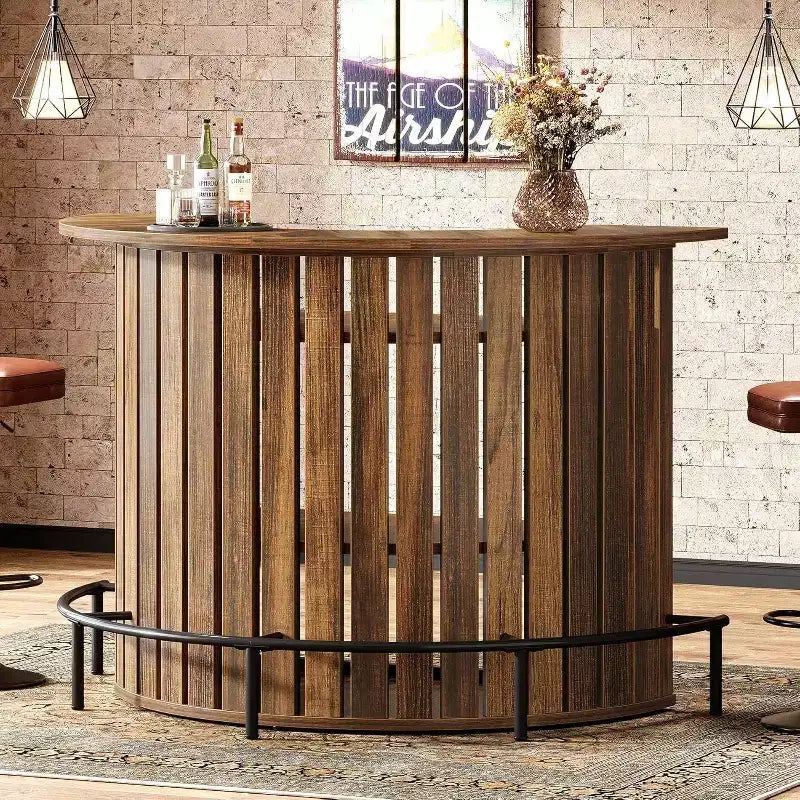 Table de bar Lantine à 4 niveaux, 100 cm de haut avec repose-pieds, en forme d'arc, armoire à vin moderne pour bar de maison, salon, marron rustique.