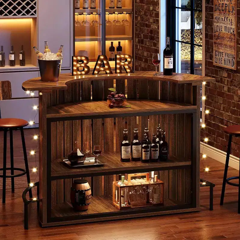 Table de bar Lantine à 4 niveaux, 100 cm de haut avec repose-pieds, en forme d'arc, armoire à vin moderne pour bar de maison, salon, marron rustique.