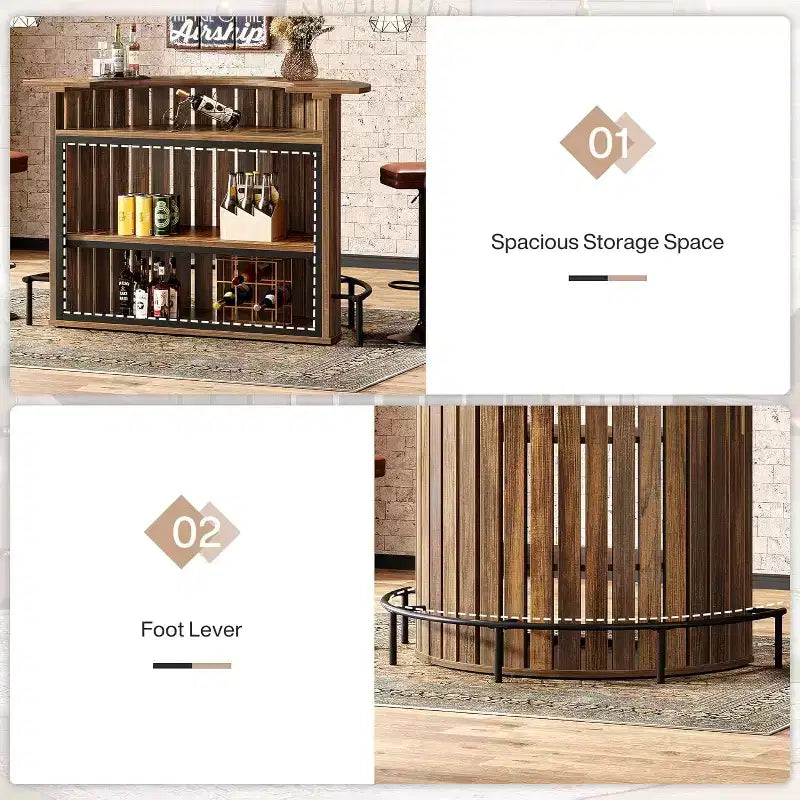 Table de bar Lantine à 4 niveaux, 100 cm de haut avec repose-pieds, en forme d'arc, armoire à vin moderne pour bar de maison, salon, marron rustique.