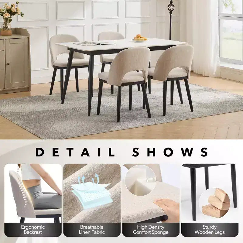 Lot de 2 chaises de salle à manger modernes en tissu, chaises d'appoint rembourrées avec dossier incurvé et pieds en bois, assise confortable pour cuisine de salle à manger