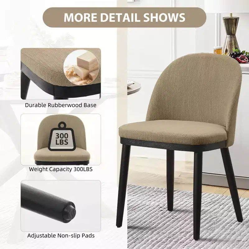 Lot de 2 chaises de salle à manger modernes en tissu, chaises d'appoint rembourrées avec dossier incurvé et pieds en bois, assise confortable pour cuisine de salle à manger