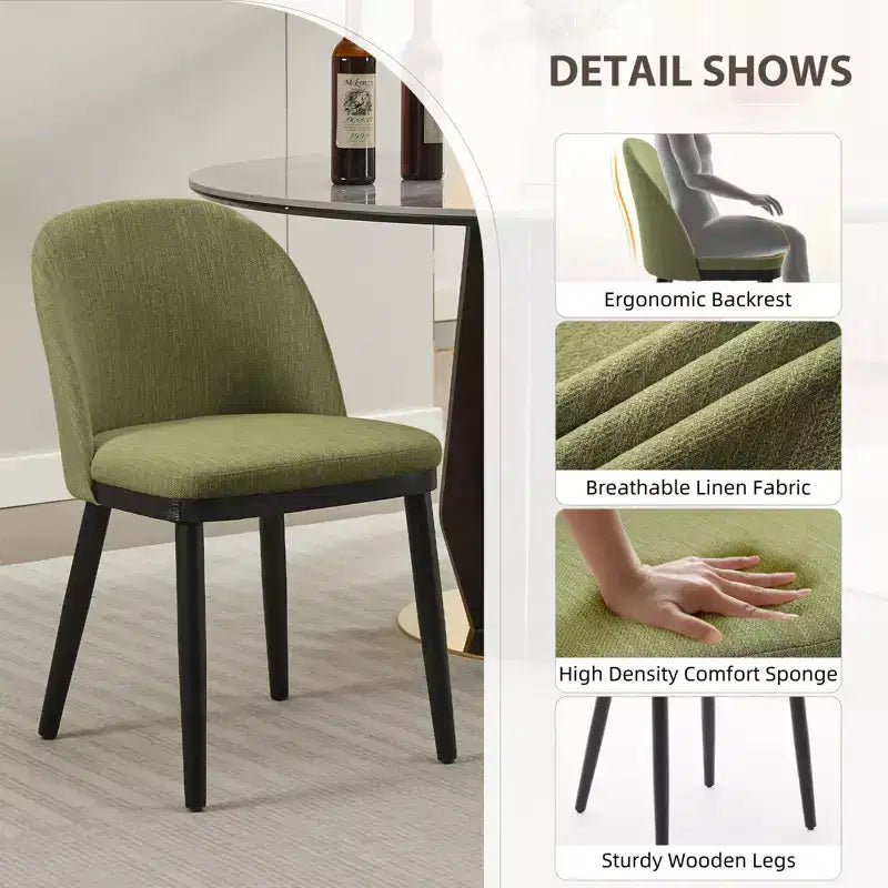 Lot de 2 chaises de salle à manger modernes en tissu, chaises d'appoint rembourrées avec dossier incurvé et pieds en bois, assise confortable pour cuisine de salle à manger