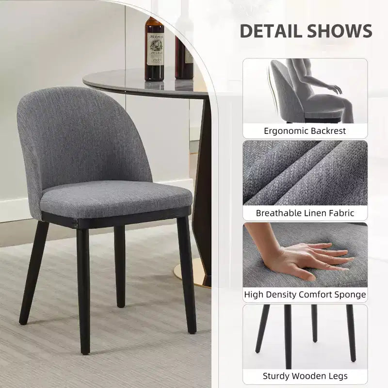 Lot de 2 chaises de salle à manger modernes en tissu, chaises d'appoint rembourrées avec dossier incurvé et pieds en bois, assise confortable pour cuisine de salle à manger