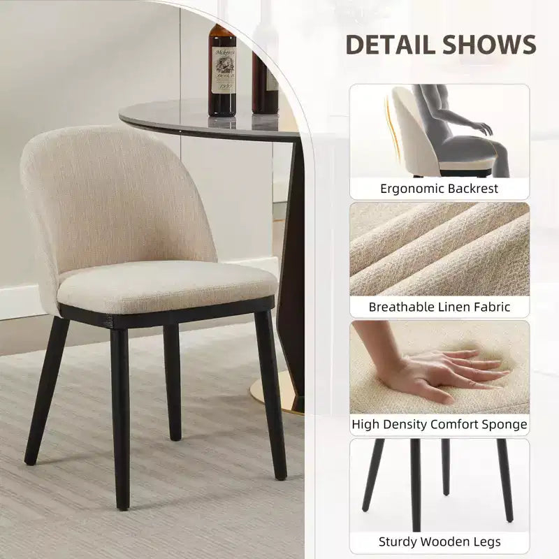 Lot de 2 chaises de salle à manger modernes en tissu, chaises d'appoint rembourrées avec dossier incurvé et pieds en bois, assise confortable pour cuisine de salle à manger