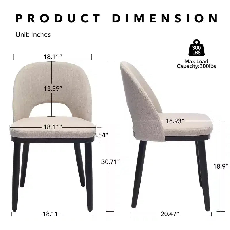 Lot de 2 chaises de salle à manger modernes en tissu, chaises d'appoint rembourrées avec dossier incurvé et pieds en bois, assise confortable pour cuisine de salle à manger