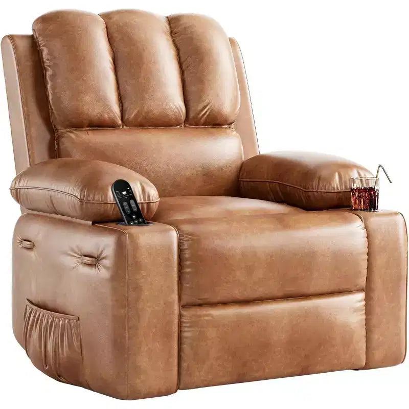 Fauteuil inclinable pour adultes, fauteuil inclinable manuel à bascule en similicuir, fauteuil inclinable pivotant à 360 degrés avec poche latérale, fauteuil inclinable simple, beige