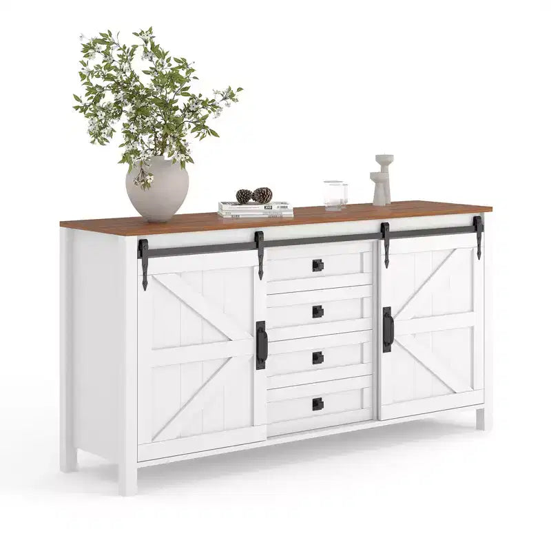 Buffet de ferme 60" avec portes coulissantes et 4 tiroirs, Meuble TV, Table console, Meuble de cuisine avec rangement