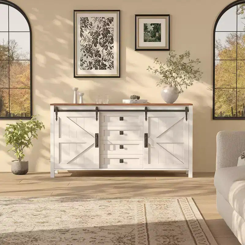 Buffet de ferme 60" avec portes coulissantes et 4 tiroirs, Meuble TV, Table console, Meuble de cuisine avec rangement