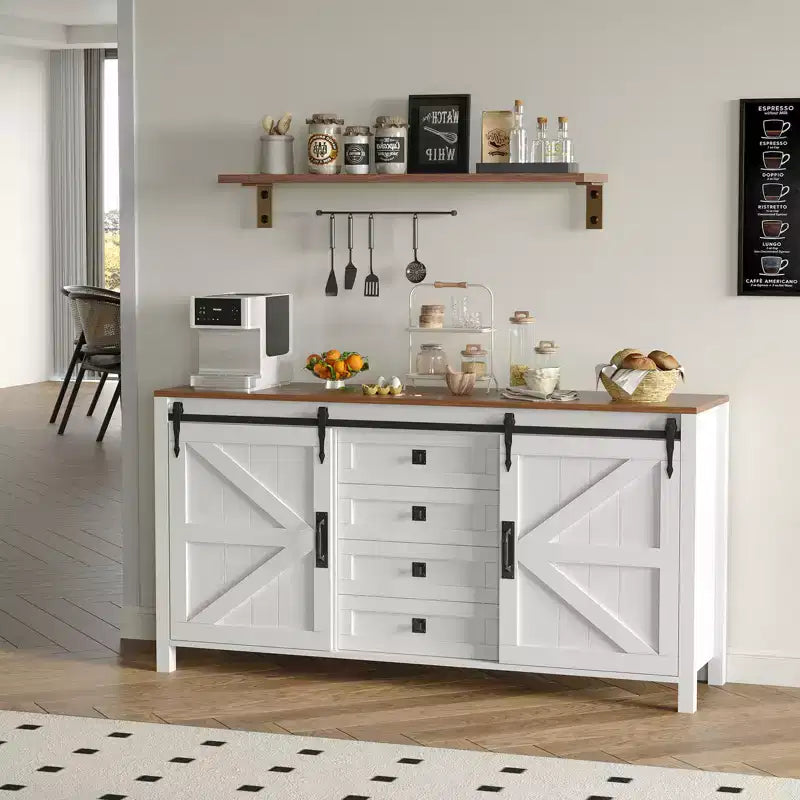 Buffet de ferme 60" avec portes coulissantes et 4 tiroirs, Meuble TV, Table console, Meuble de cuisine avec rangement