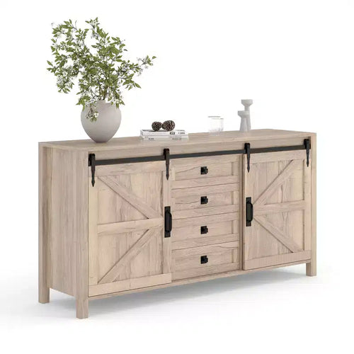 Buffet de ferme 60" avec portes coulissantes et 4 tiroirs, Meuble TV, Table console, Meuble de cuisine avec rangement