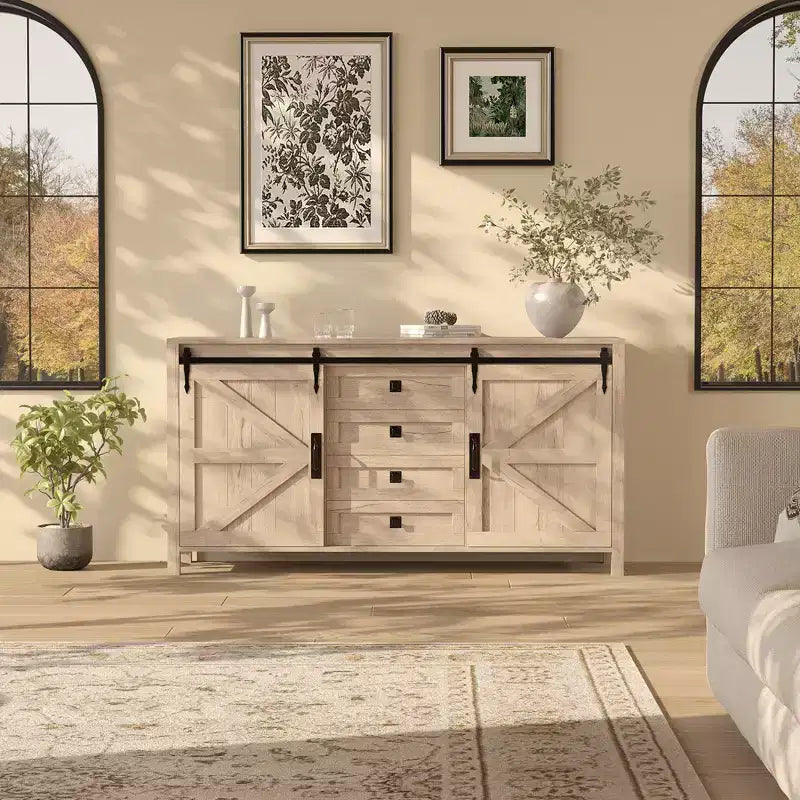 Buffet de ferme 60" avec portes coulissantes et 4 tiroirs, Meuble TV, Table console, Meuble de cuisine avec rangement
