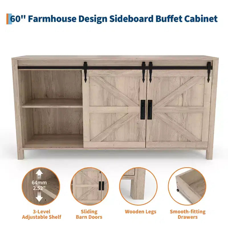 Buffet de ferme 60" avec portes coulissantes et 4 tiroirs, Meuble TV, Table console, Meuble de cuisine avec rangement