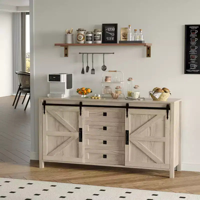 Buffet de ferme 60" avec portes coulissantes et 4 tiroirs, Meuble TV, Table console, Meuble de cuisine avec rangement