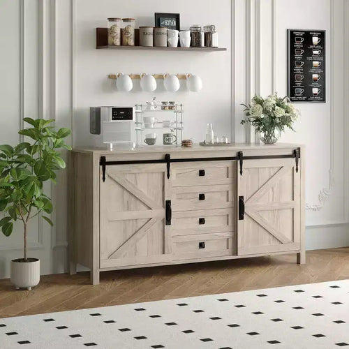 60 Farmhouse Sideboard Buffet Cabinet with Sliding Barn Doors & 4 Drawers, TV Stand Coffee Bar Console Table Kitchen Cabinet with Storage