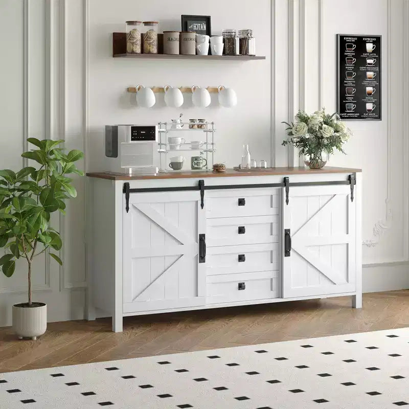 Buffet de ferme 60" avec portes coulissantes et 4 tiroirs, Meuble TV, Table console, Meuble de cuisine avec rangement