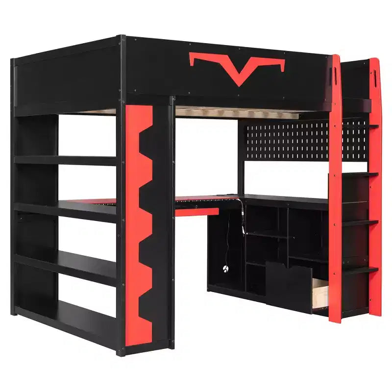 Lit mezzanine complet moderne de jeu Luxystar avec bureau éclairé et tablette coulissante pour clavier, panneau perforé, bibliothèque de rangement