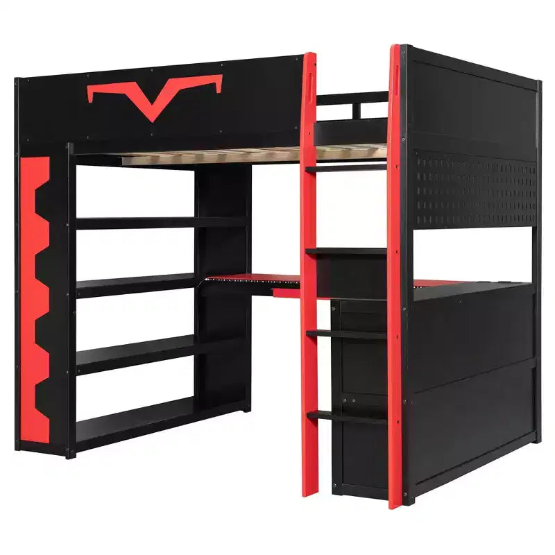 Lit mezzanine complet moderne de jeu Luxystar avec bureau éclairé et tablette coulissante pour clavier, panneau perforé, bibliothèque de rangement
