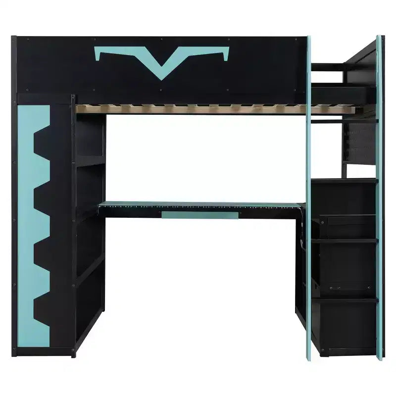 Lit mezzanine complet moderne de jeu Luxystar avec bureau éclairé et tablette coulissante pour clavier, panneau perforé, bibliothèque de rangement