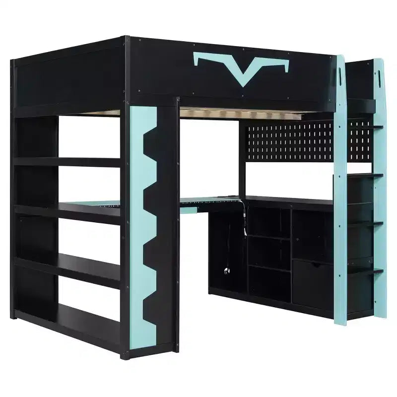 Lit mezzanine complet moderne de jeu Luxystar avec bureau éclairé et tablette coulissante pour clavier, panneau perforé, bibliothèque de rangement