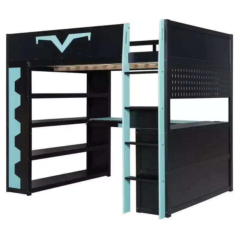 Lit mezzanine complet moderne de jeu Luxystar avec bureau éclairé et tablette coulissante pour clavier, panneau perforé, bibliothèque de rangement
