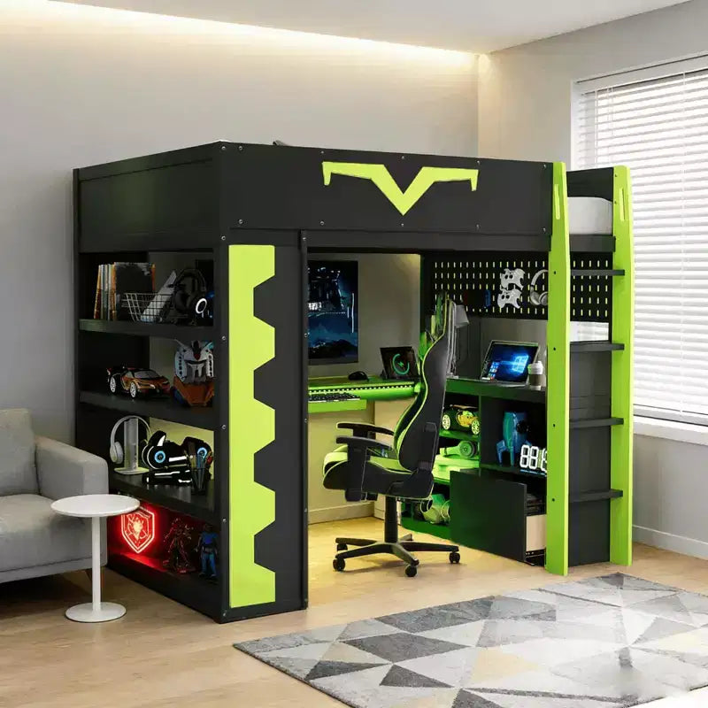 Lit mezzanine complet moderne de jeu Luxystar avec bureau éclairé et tablette coulissante pour clavier, panneau perforé, bibliothèque de rangement