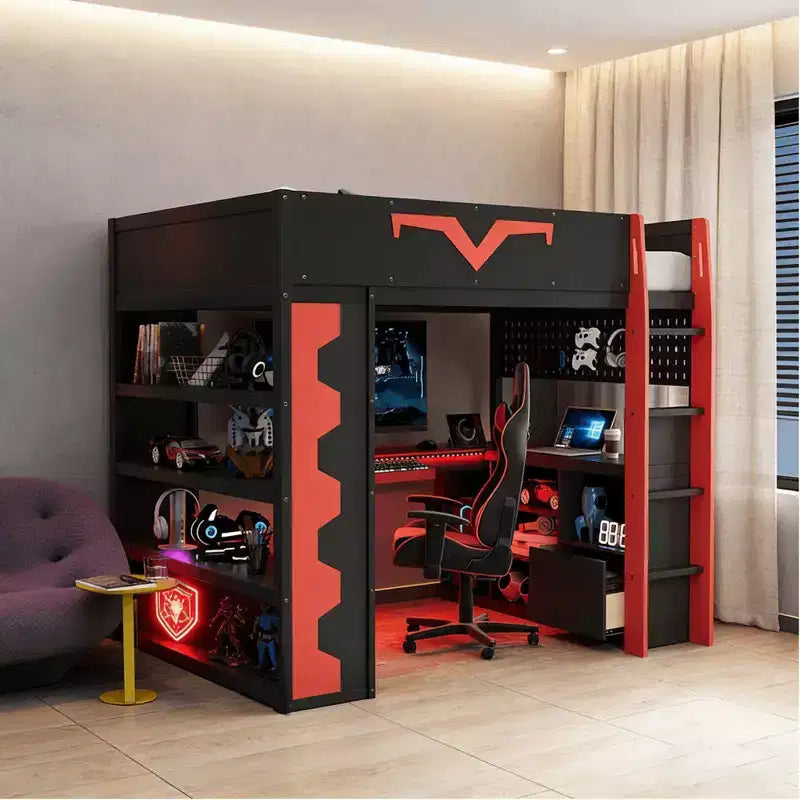 Lit mezzanine complet moderne de jeu Luxystar avec bureau éclairé et tablette coulissante pour clavier, panneau perforé, bibliothèque de rangement