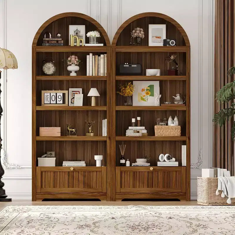 Bibliothèque de ferme arquée à 6 niveaux avec étagères ouvertes et tiroirs, armoire en bois autonome de 182 cm de haut pour salon, chambre à coucher, bureau à domicile