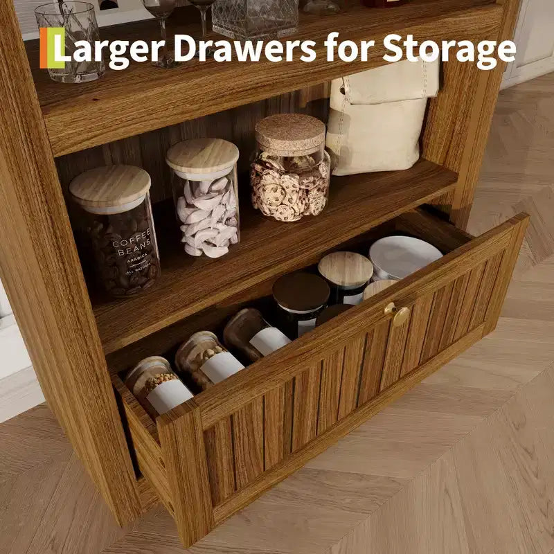 Bibliothèque de ferme arquée à 6 niveaux avec étagères ouvertes et tiroirs, armoire en bois autonome de 182 cm de haut pour salon, chambre à coucher, bureau à domicile