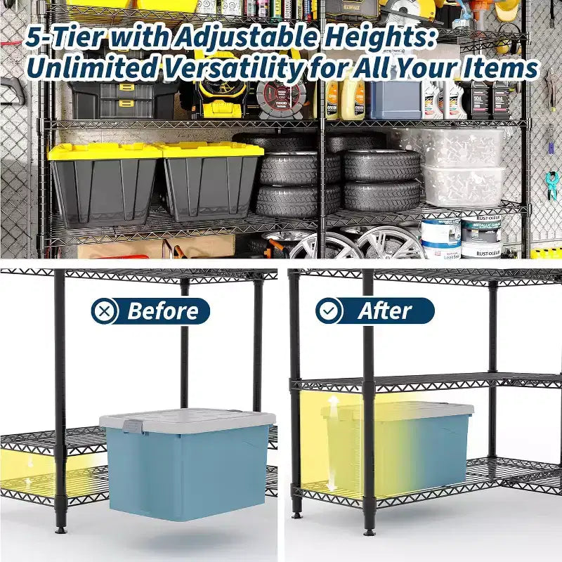 Étagère de Rangement 5 Niveaux 70 L Robuste en Fil Métallique, Étagères de Garde-Manger en Forme de L pour Cuisine & Garage Étagère Métallique Industrielle pour la Maison