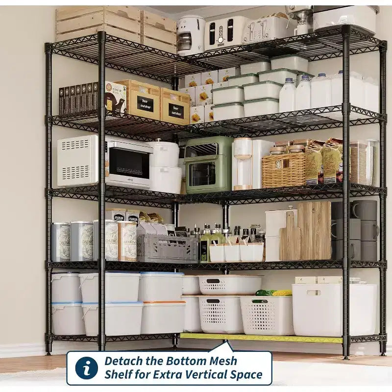 Étagère de Rangement 5 Niveaux 70 L Robuste en Fil Métallique, Étagères de Garde-Manger en Forme de L pour Cuisine & Garage Étagère Métallique Industrielle pour la Maison