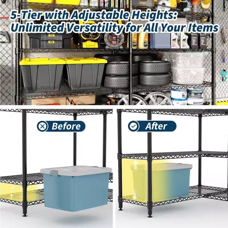 Étagère de Rangement 5 Niveaux 70 L Robuste en Fil Métallique, Étagères de Garde-Manger en Forme de L pour Cuisine & Garage Étagère Métallique Industrielle pour la Maison