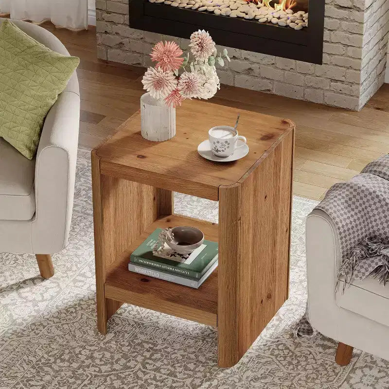 Table d'appoint en bois massif Lantine, petite table de bout à 2 niveaux avec étagère de rangement ouverte pour salon, petits espaces, assemblage facile