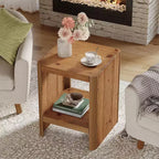 Table d'appoint en bois massif Lantine, petite table de bout à 2 niveaux avec étagère de rangement ouverte pour salon, petits espaces, assemblage facile