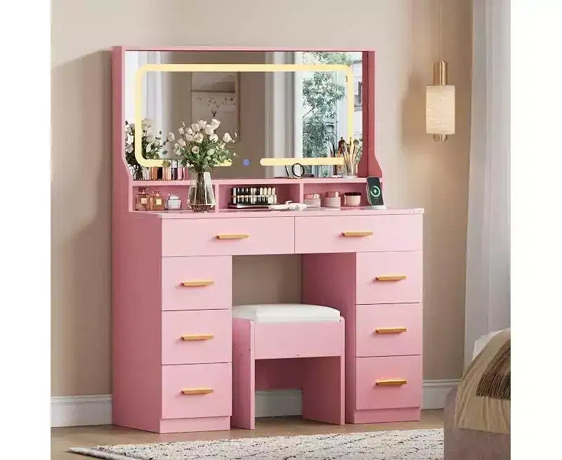 Coiffeuse de maquillage de 106 cm avec grand miroir et 8 tiroirs, table de toilette moderne avec plateau en verre, tabouret de rangement, pour chambre à coucher ou dressing