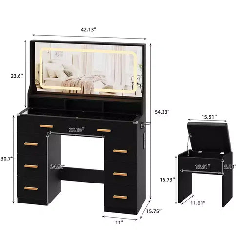 Coiffeuse de maquillage de 106 cm avec grand miroir et 8 tiroirs, table de toilette moderne avec plateau en verre, tabouret de rangement, pour chambre à coucher ou dressing