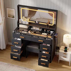Coiffeuse de maquillage de 106 cm avec grand miroir et 8 tiroirs, table de toilette moderne avec plateau en verre, tabouret de rangement, pour chambre à coucher ou dressing