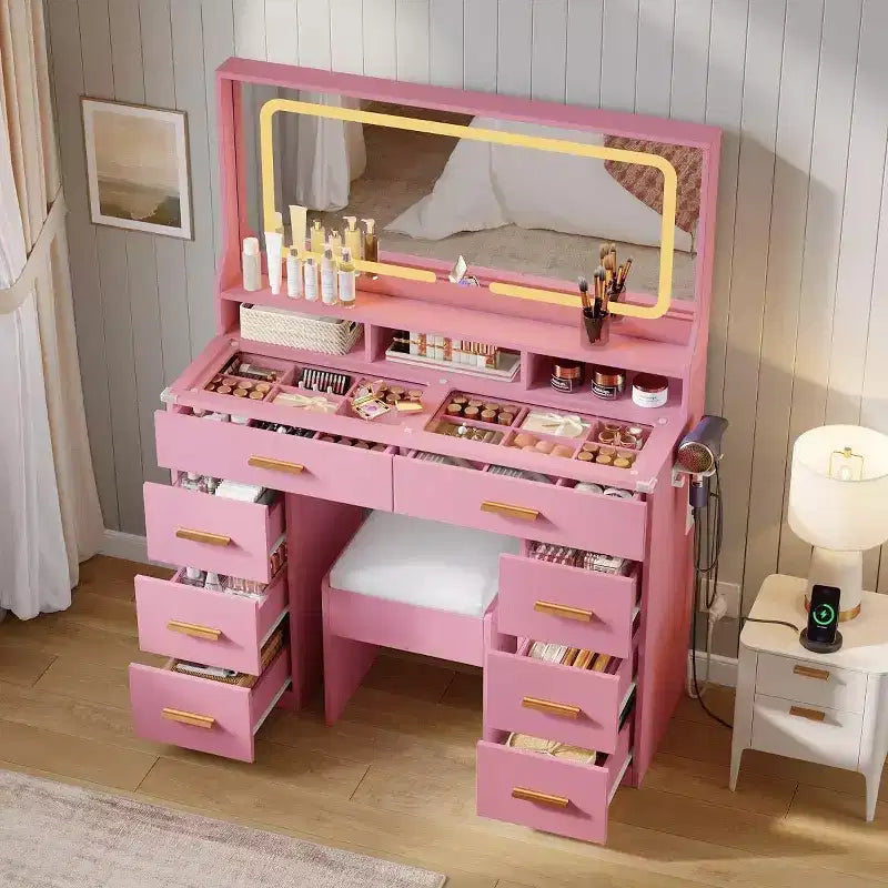 Coiffeuse de maquillage de 106 cm avec grand miroir et 8 tiroirs, table de toilette moderne avec plateau en verre, tabouret de rangement, pour chambre à coucher ou dressing